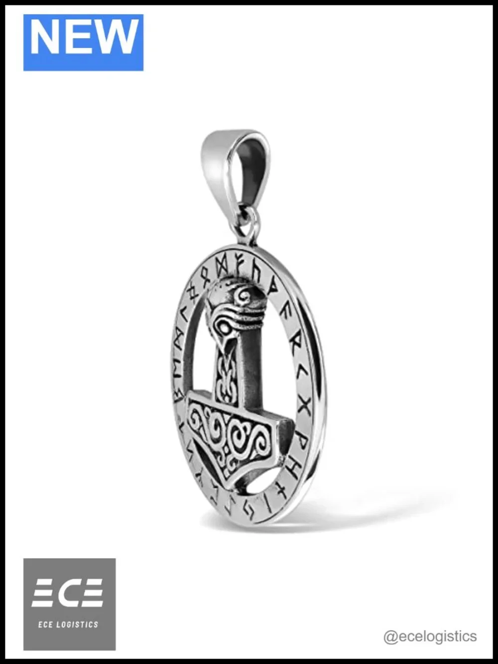 Sterling Silver Viking Mjolnir Thor Hammer Pendant Necklace Amulet Norse